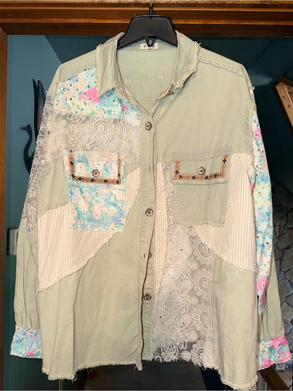 NWOT Women’s Patchwork Lace POL Button-Up Jacket - Sage Green
